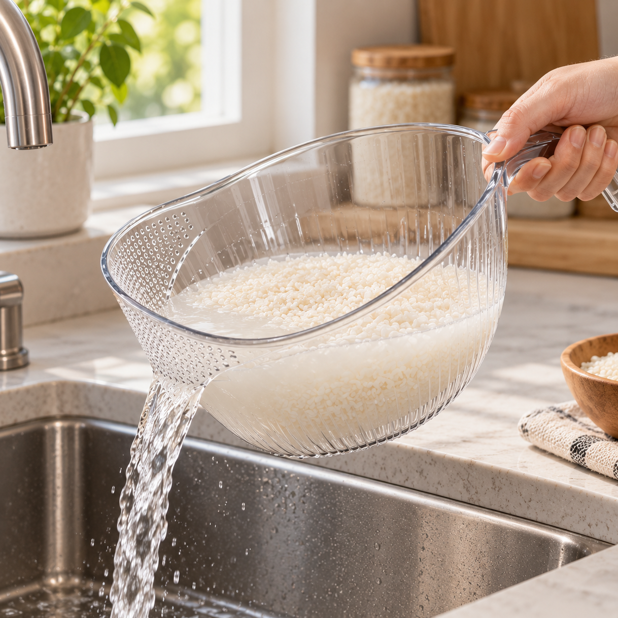 Rice being rinsed and drained in the clear handled strainer bowl