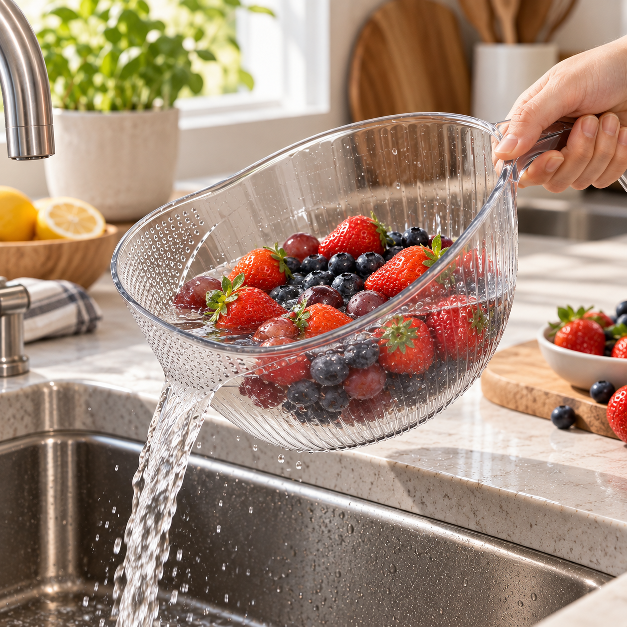 Fresh berries and grapes being rinsed in the clear handled strainer bowl