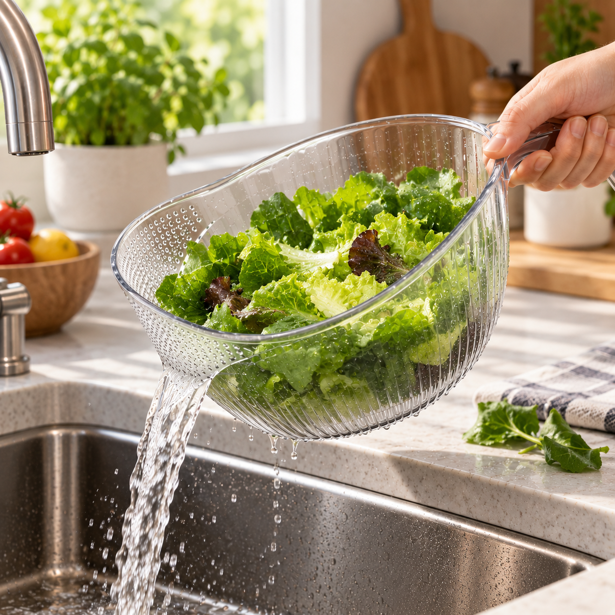 Fresh leafy greens being drained in the clear handled strainer bowl