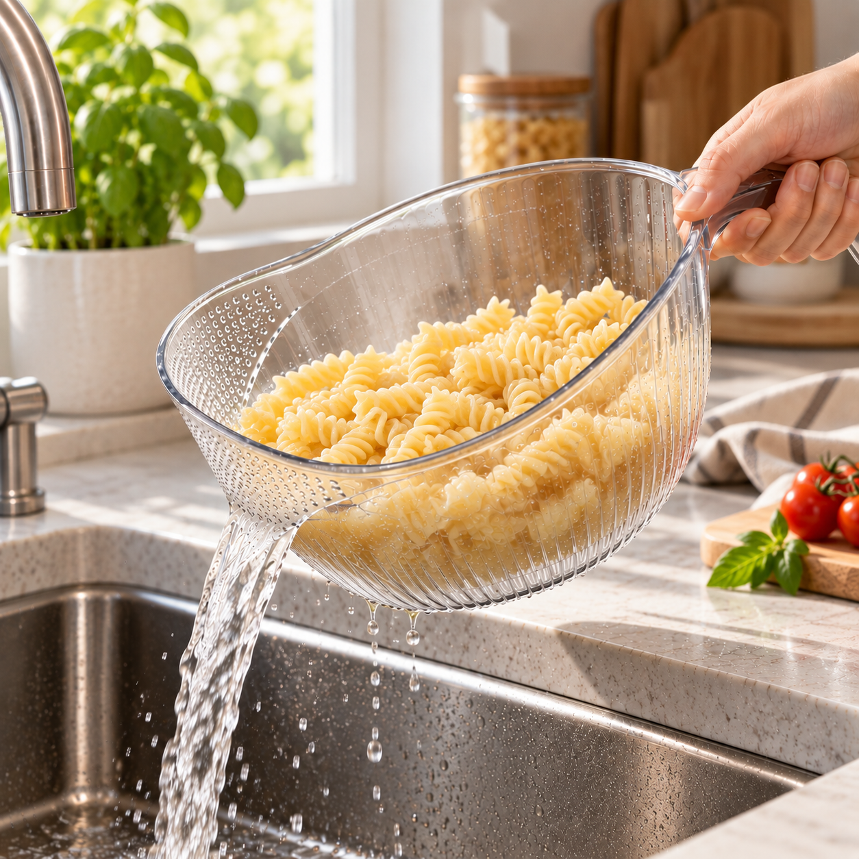 Pasta being drained using the clear handled strainer bowl