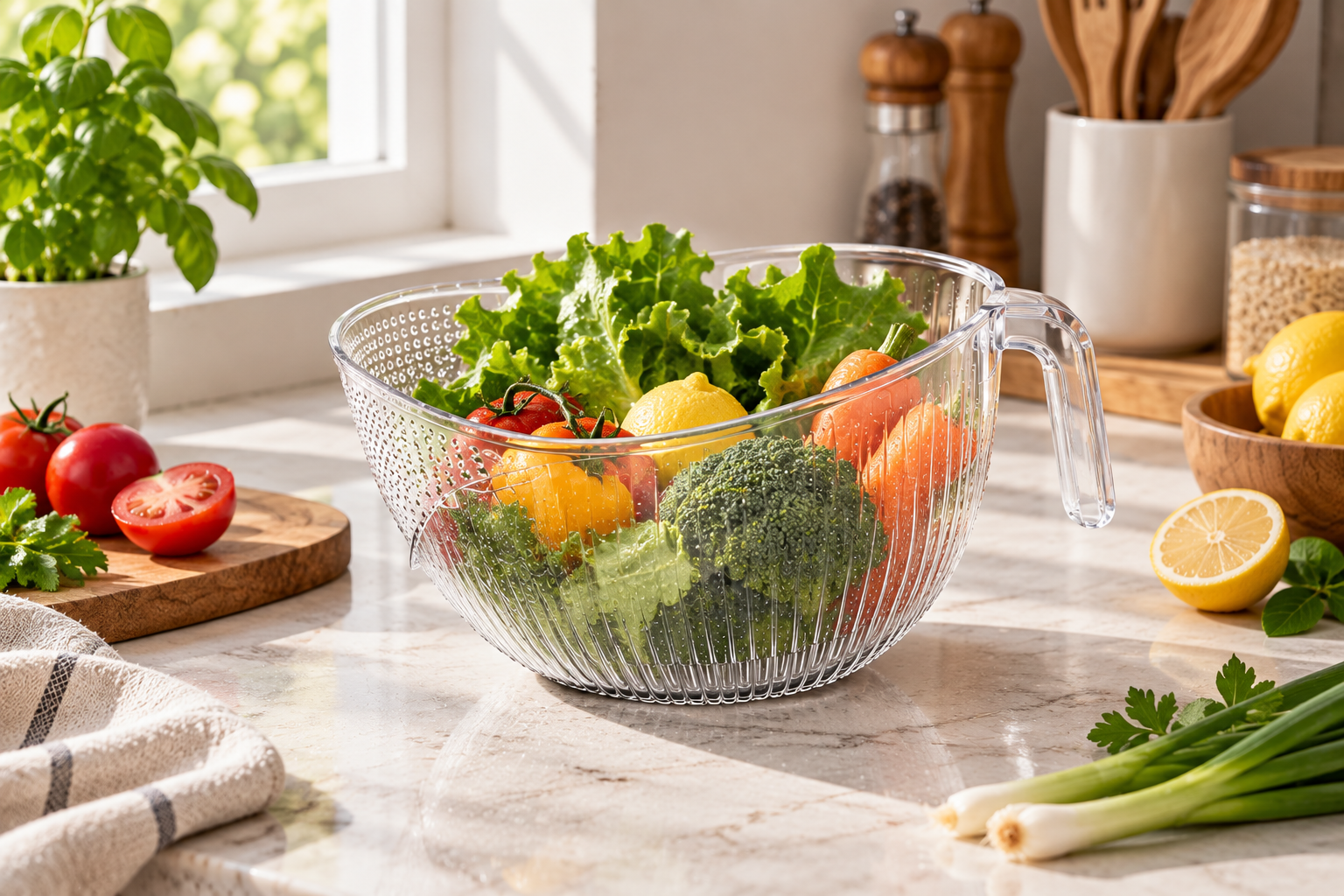 Clear handled rinse and drain bowl used for everyday kitchen prep