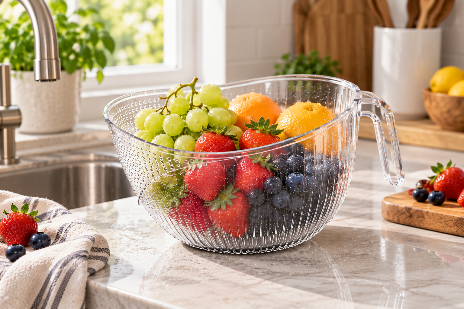 Clear handled rinse and drain bowl filled with freshly washed fruit