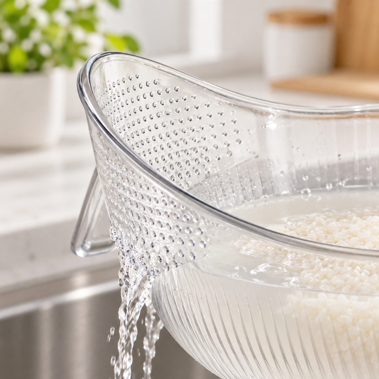 Close-up of the side drainage holes releasing water while rice stays inside