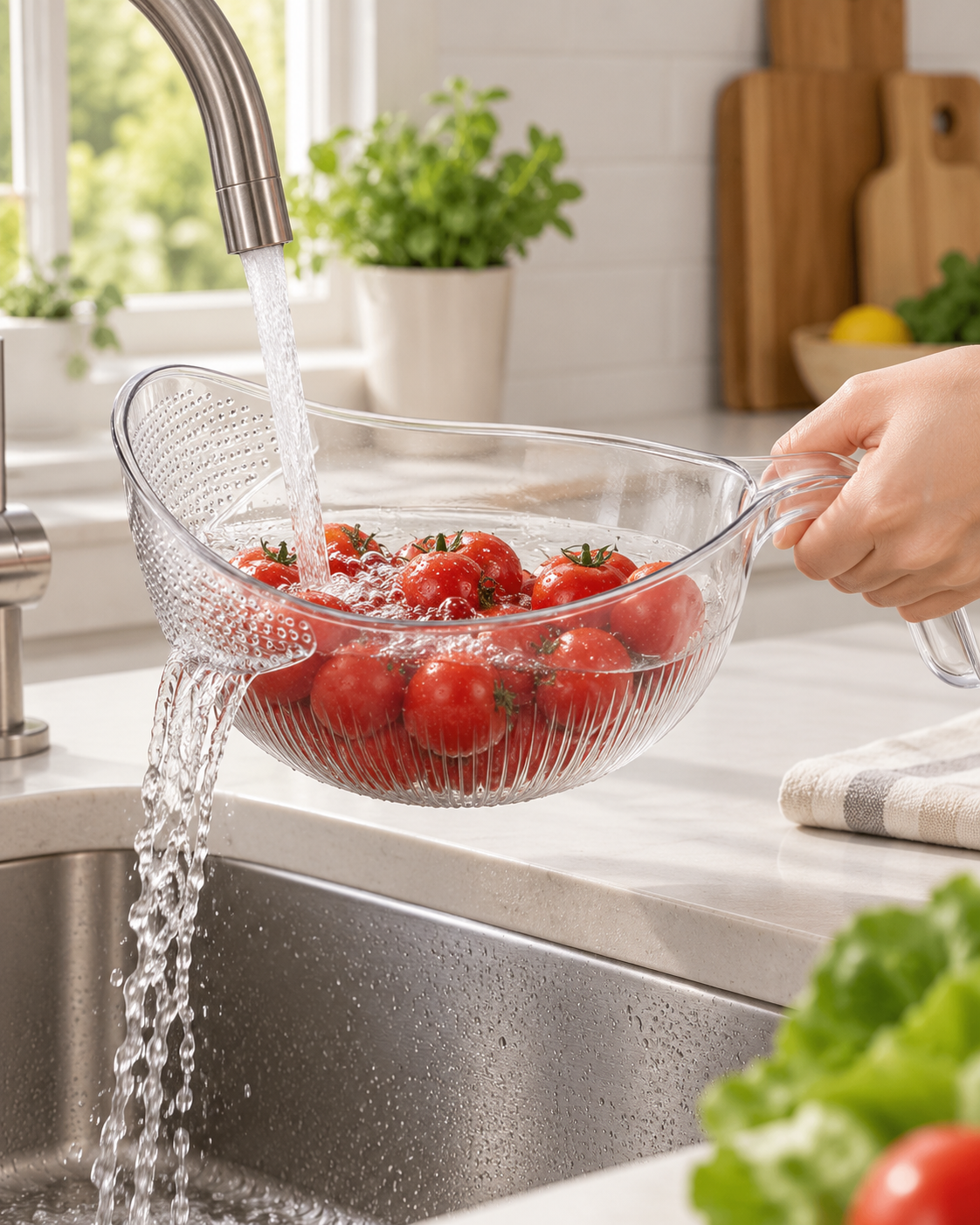 Clear handled rinse and drain bowl draining water directly through its side strainer