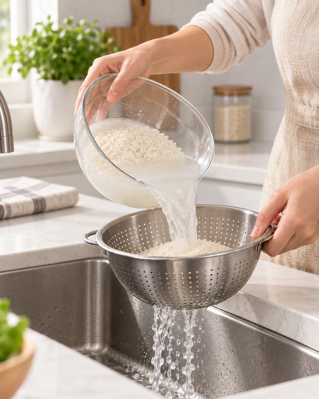 Traditional rice rinsing setup using a separate bowl and metal colander