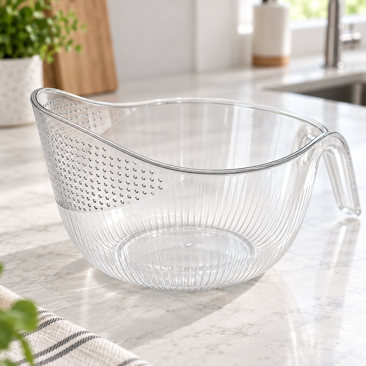 Close-up of the fine side drainage holes on the transparent rinse and drain bowl