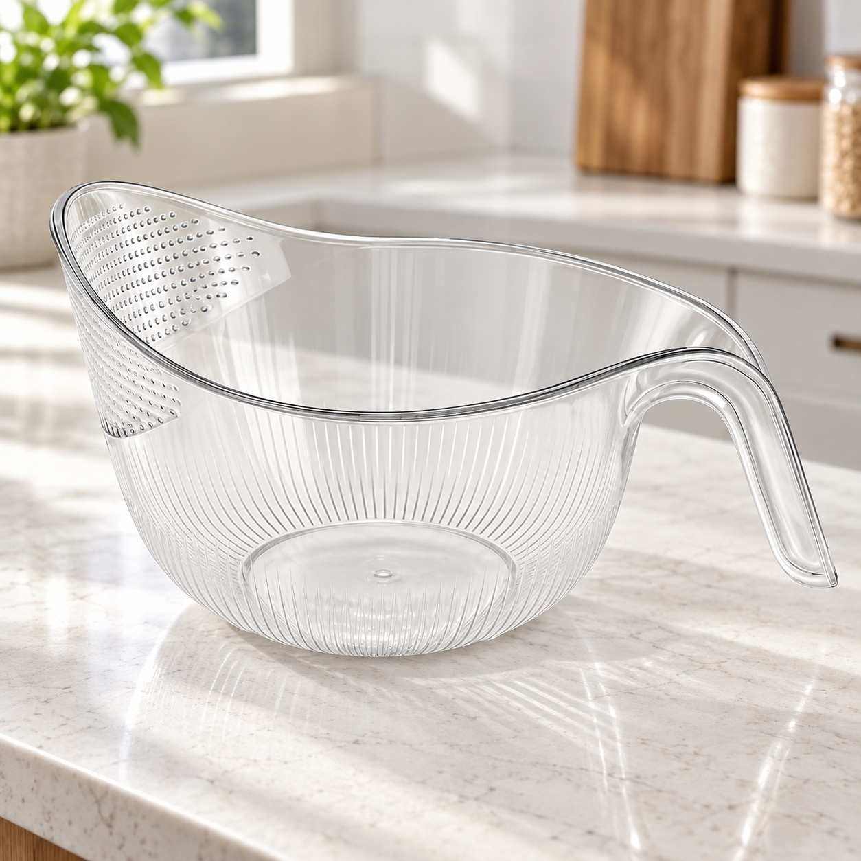 Transparent rinse and drain bowl showing its deep bowl shape