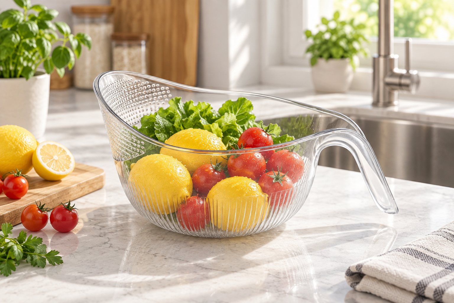 Clear rinse and drain bowl with fresh produce in a bright modern kitchen