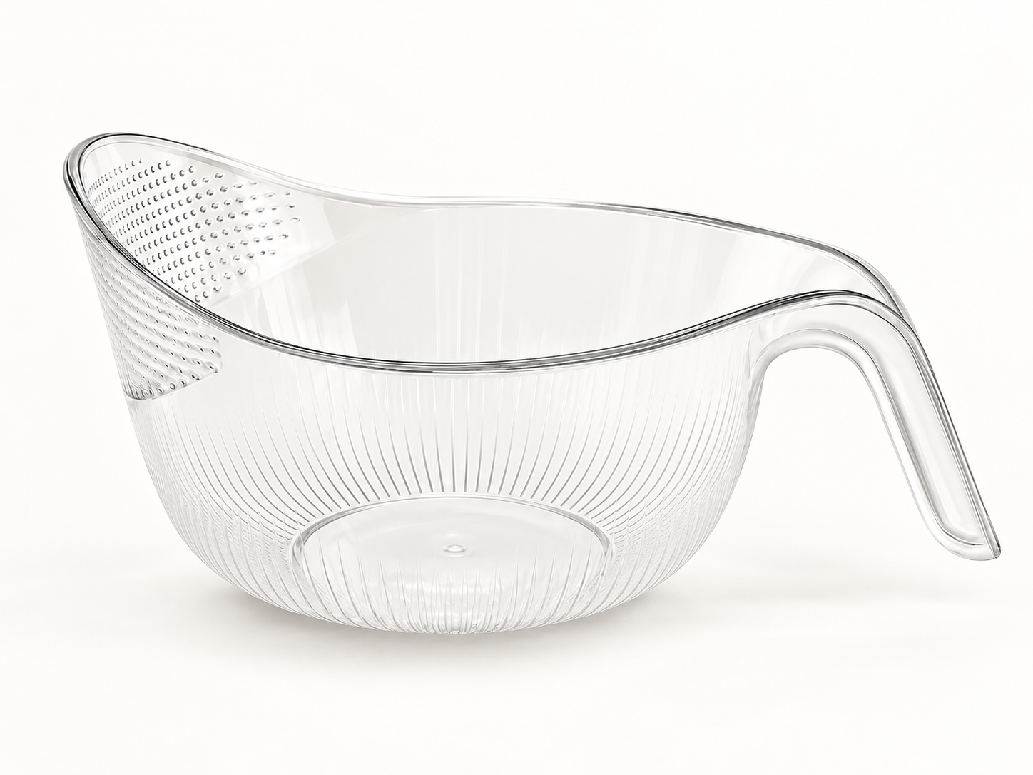 Transparent rinse and drain bowl with integrated handle and side strainer